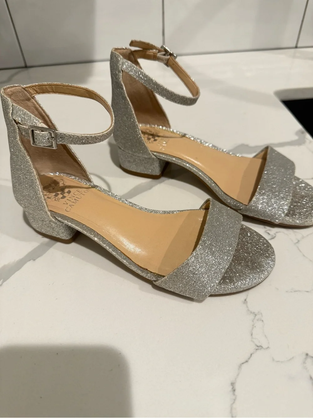 Girls Vince Camuto Silver Glitter Ankle-Strap Block Heel Sandals
